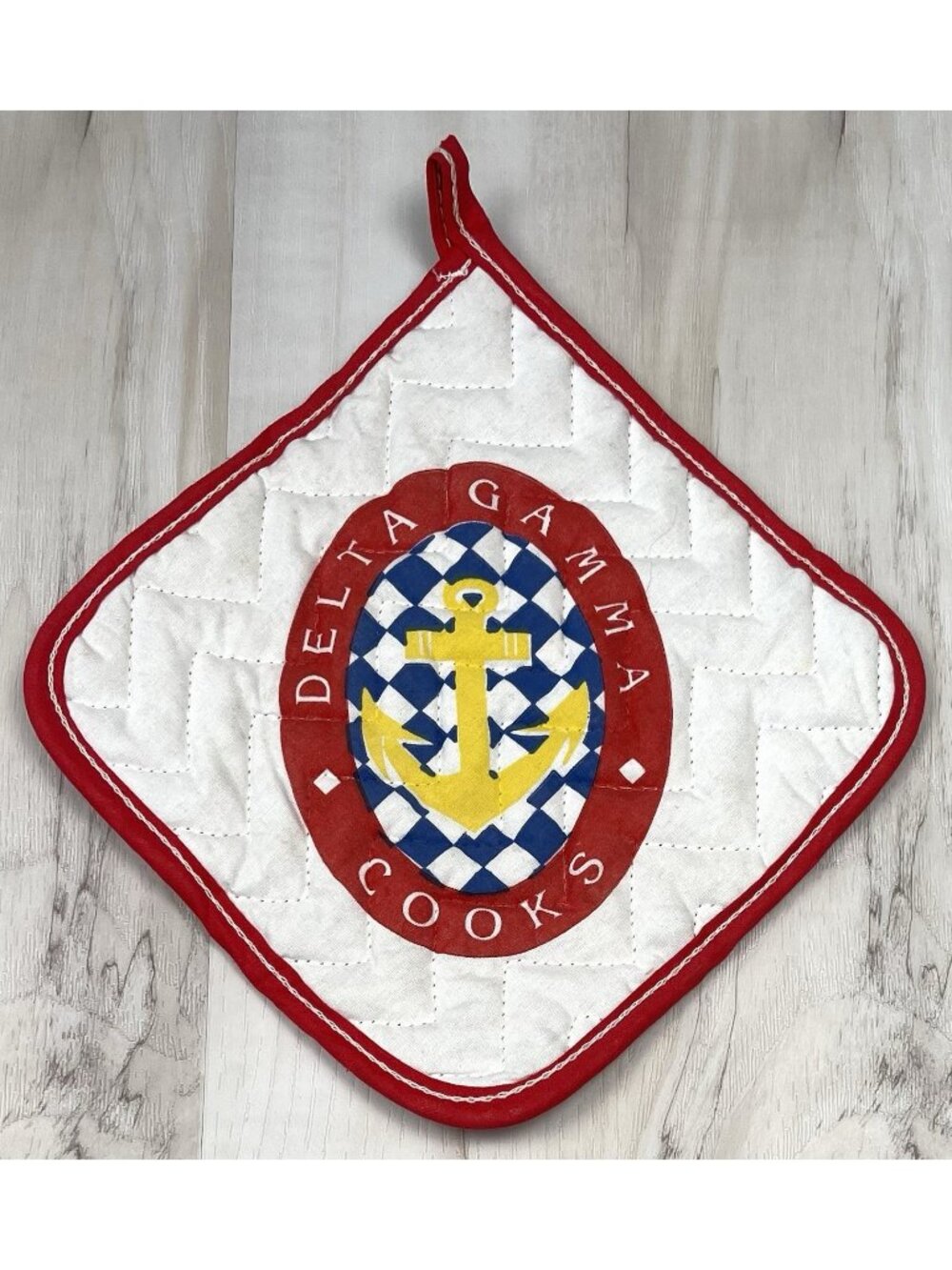 VTG Delta Gamma Cooks Quilted Hot Pad POTHOLDER Anchor 7.5" Red/White/Blue